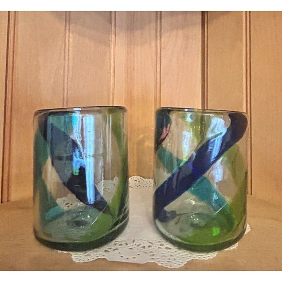Hand Blown Multicolored Swirl Design Glass Tumblers Cocktails Tequila Blue Green - Picture 2 of 7
